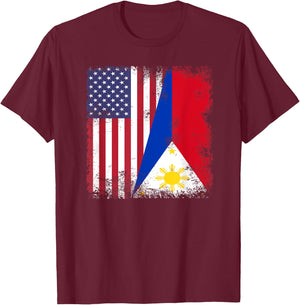 Half Filipino Flag | Vintage Philippines USA Gift T-Shirt - T-Shirt | Maroon