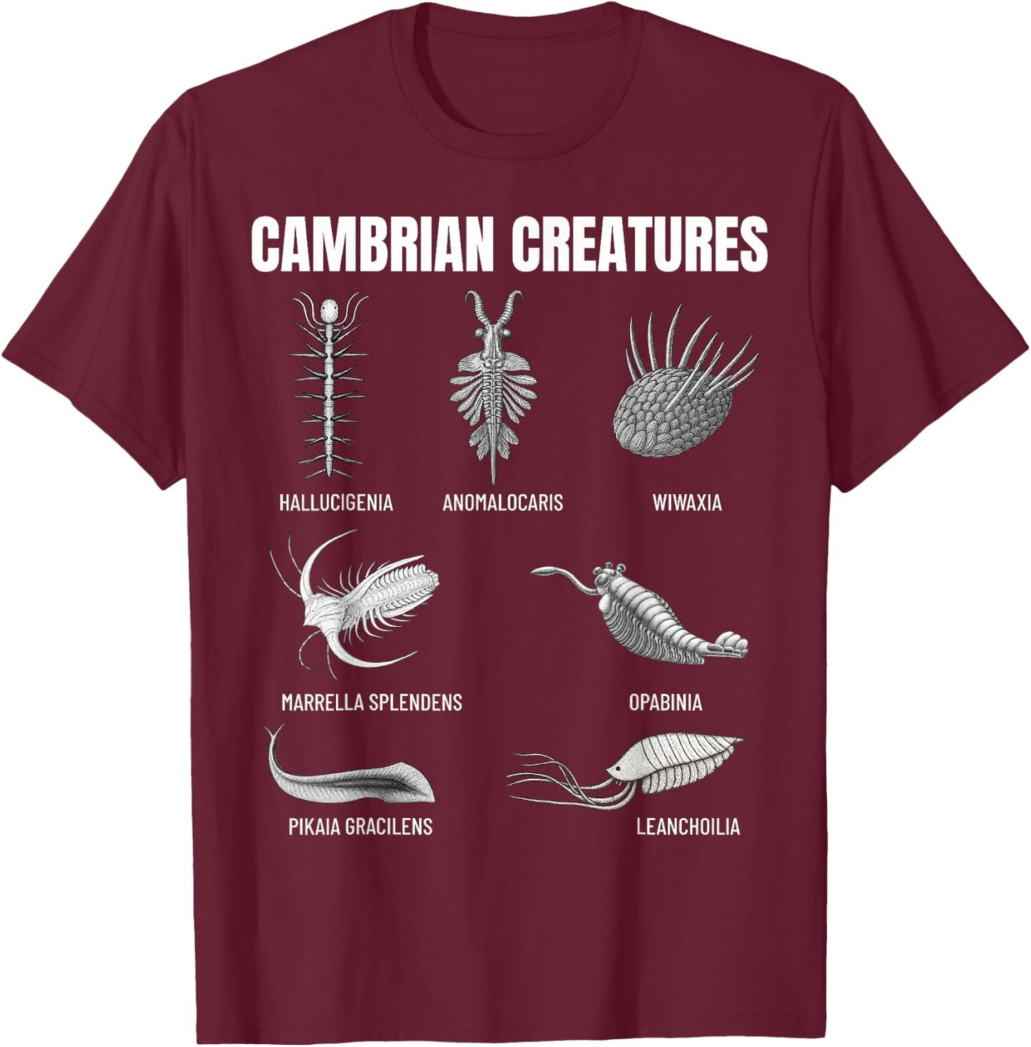 Cambrian Creatures Fossil Paleoart Evolution Science Lover T-Shirt - T-Shirt | Maroon