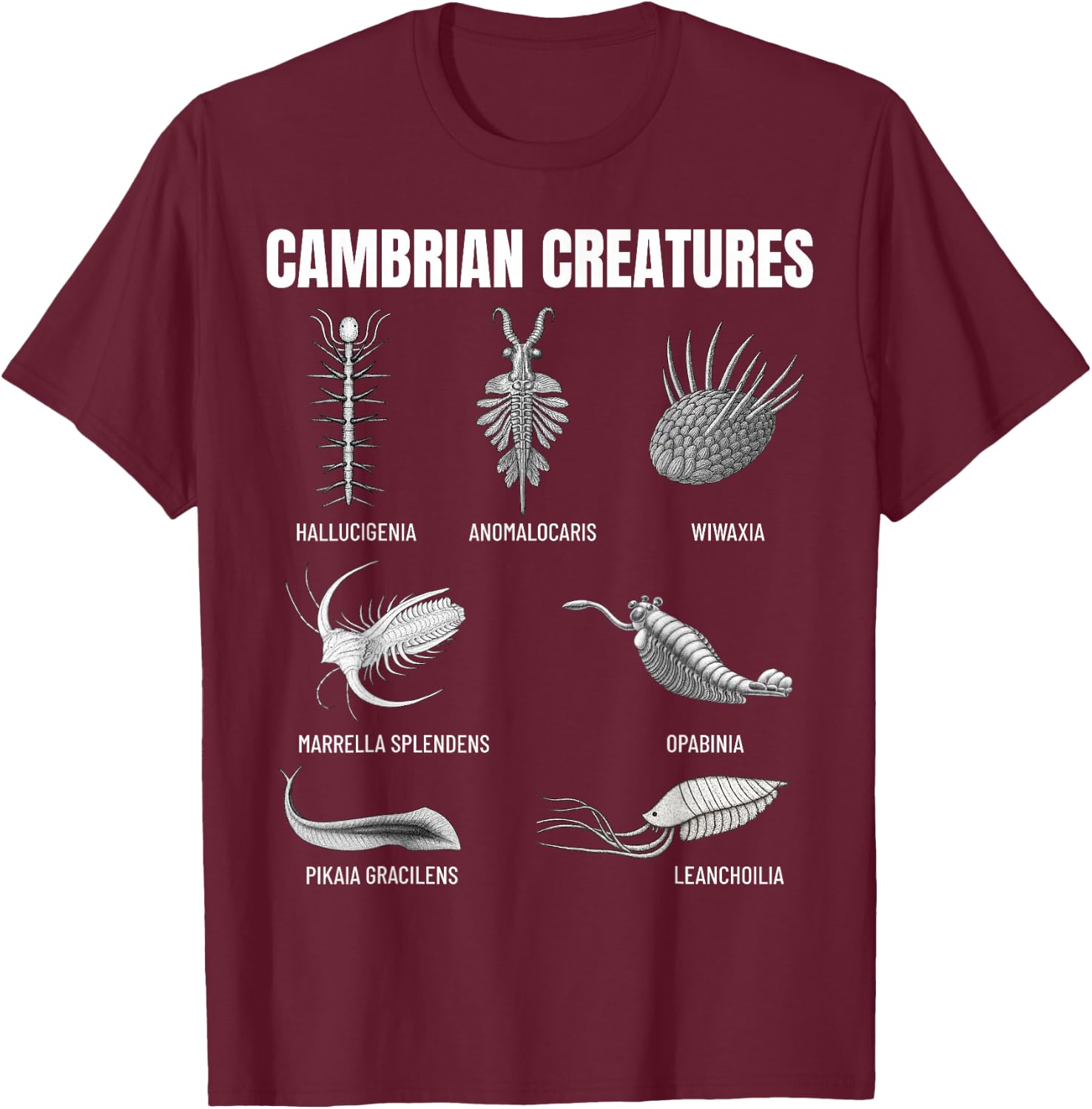 Cambrian Creatures Fossil Paleoart Evolution Science Lover T-Shirt - T-Shirt | Maroon
