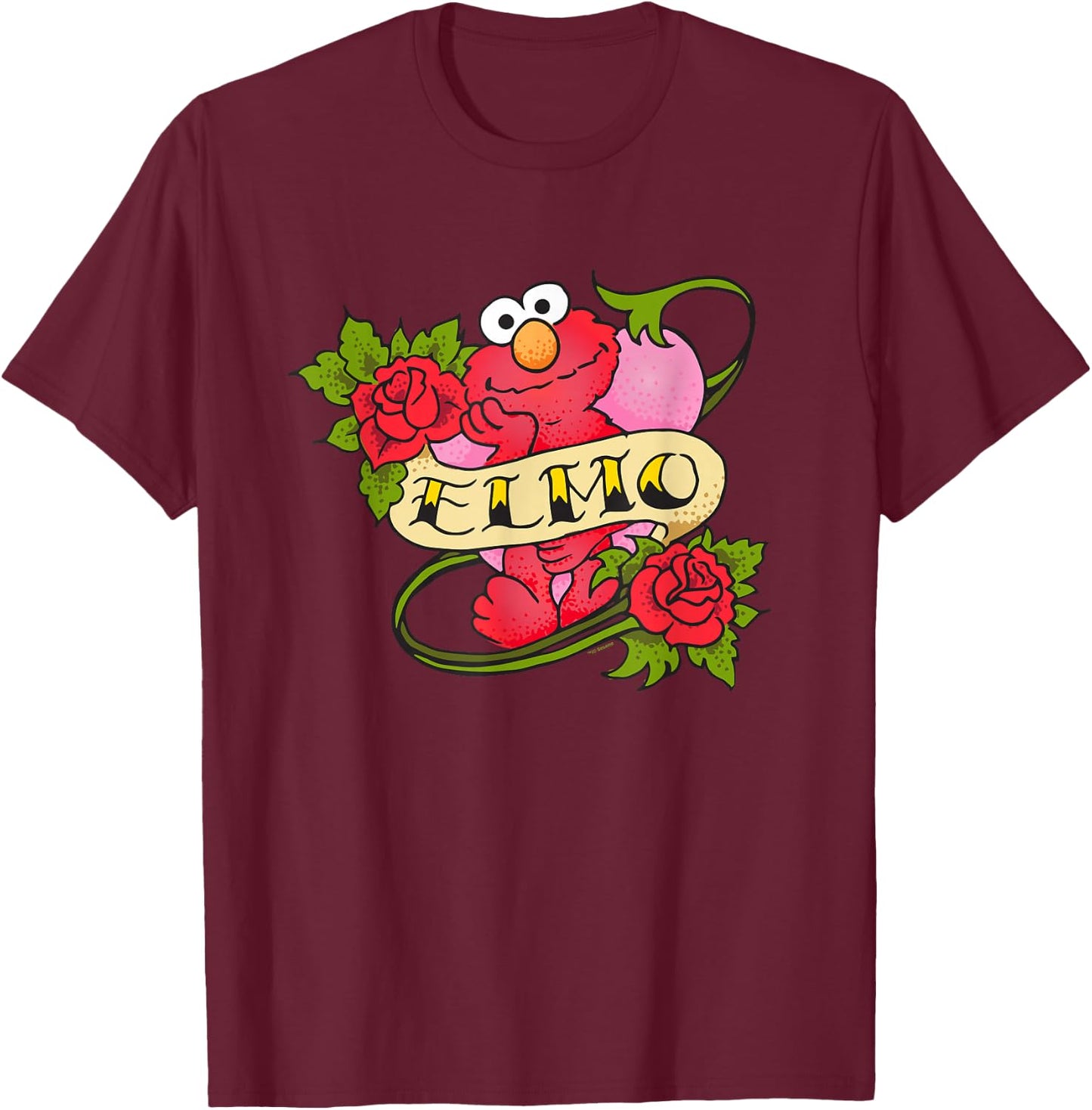 Sesame Street Elmo Hearts and Roses Tattoo T-Shirt - T-Shirt | Maroon