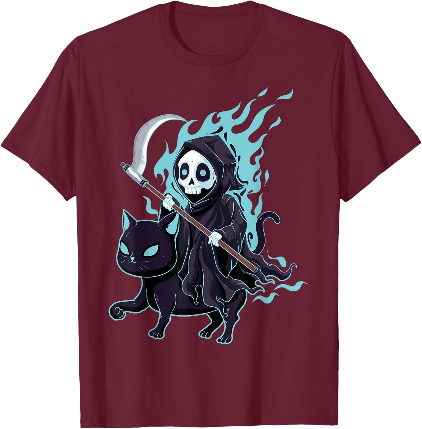 Grim Reaper Black Cat Demonic Evil Devil Occult Satanic T-Shirt - T-Shirt | Maroon