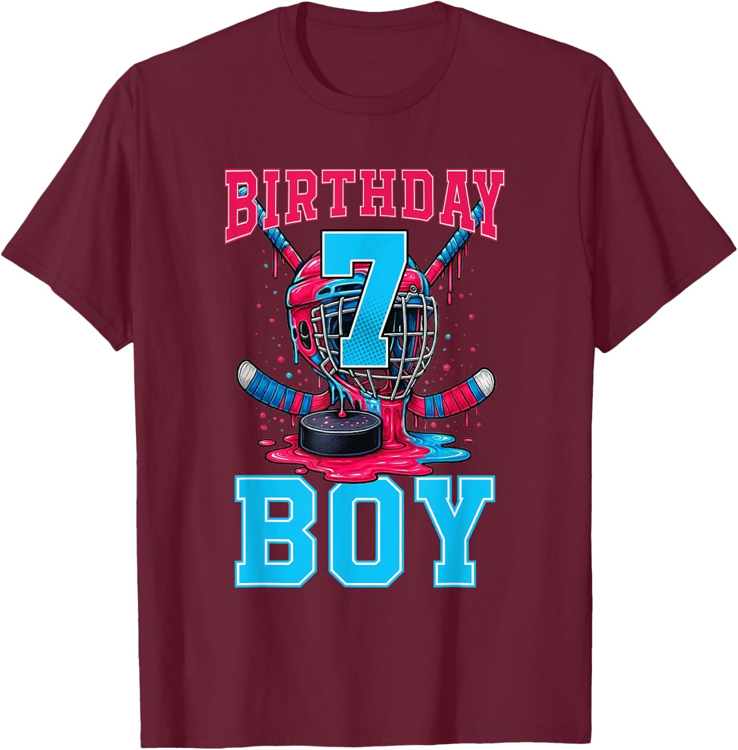 Hockey 7 Year Old Ice Cream Drip 7th Birthday Boy Party T-Shirt - T-Shirt | Maroon