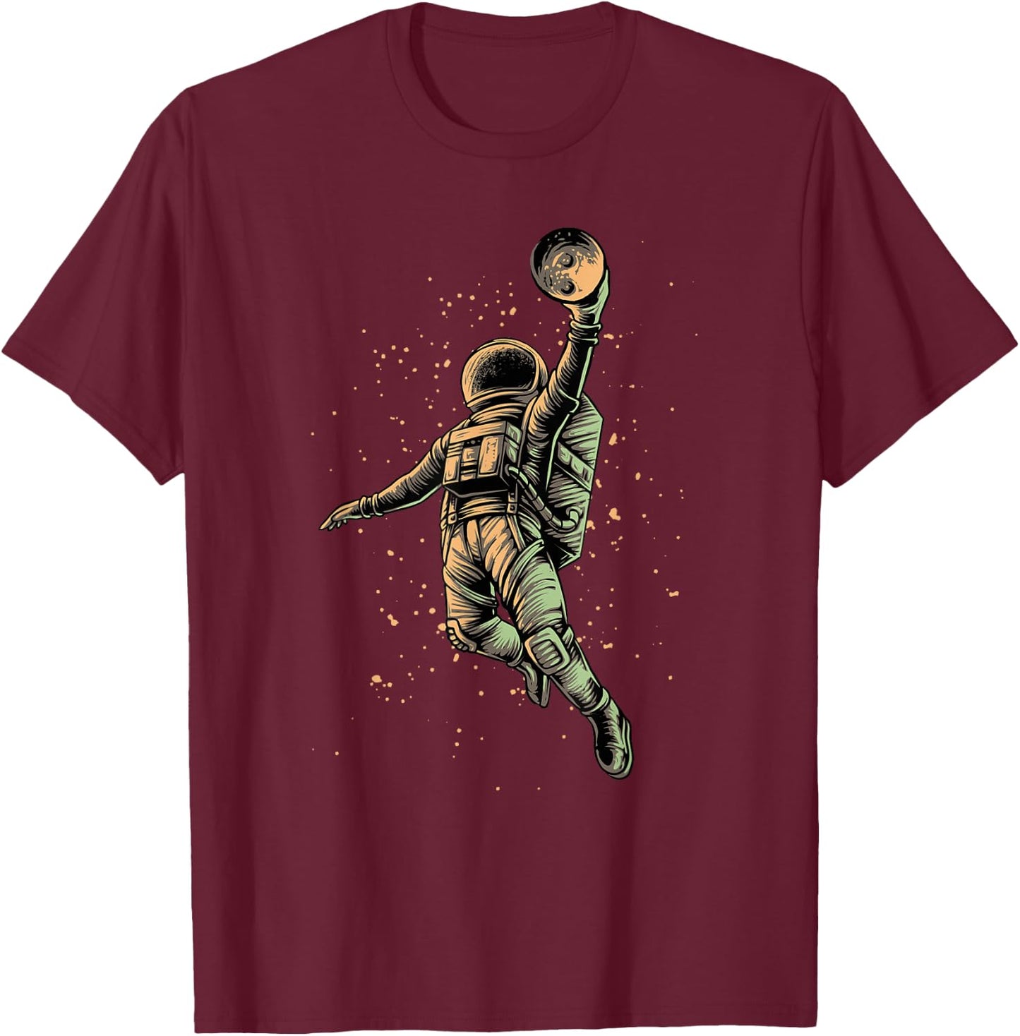 Astronaut Playing Basketball Slam Dunking Moon in Space T-Shirt - T-Shirt | Maroon