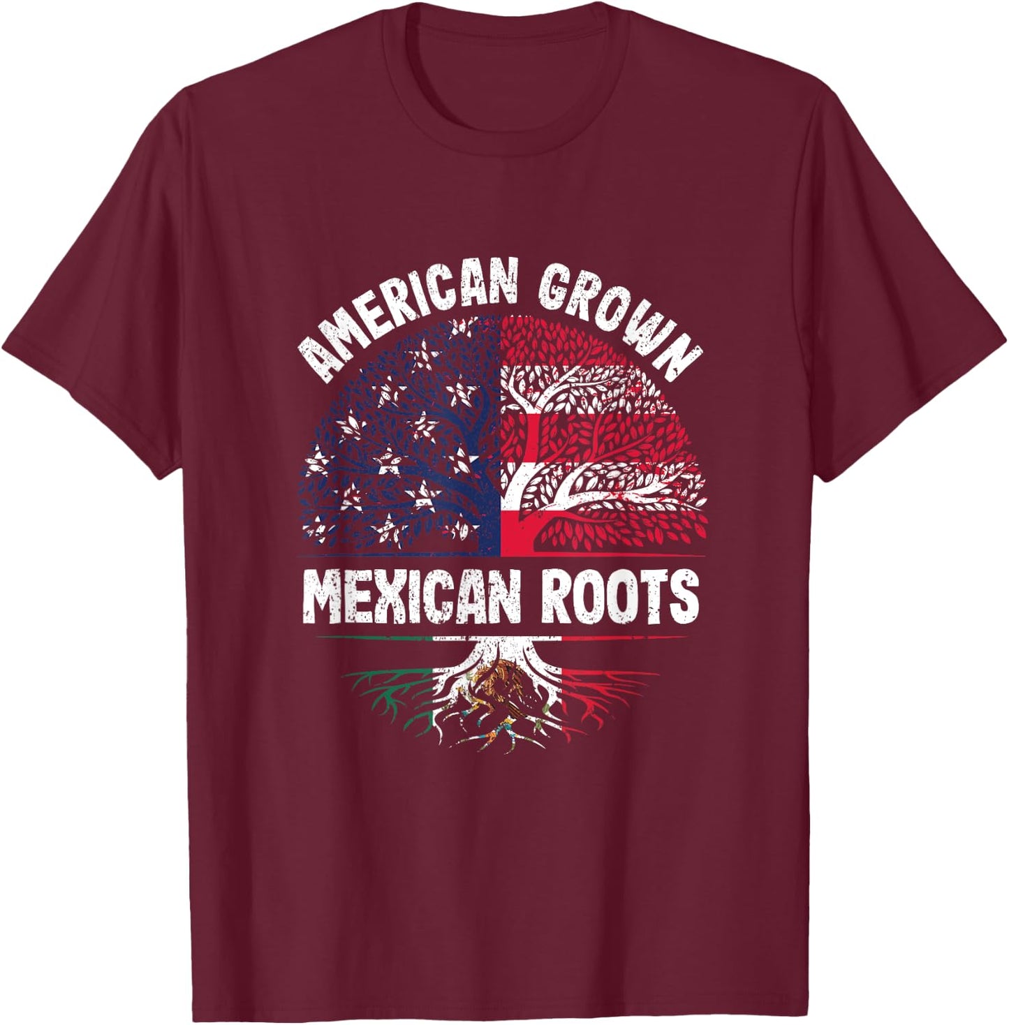 American Grown Mexican Roots USA Mexico Flag Heritage Pride T-Shirt - T-Shirt | Maroon