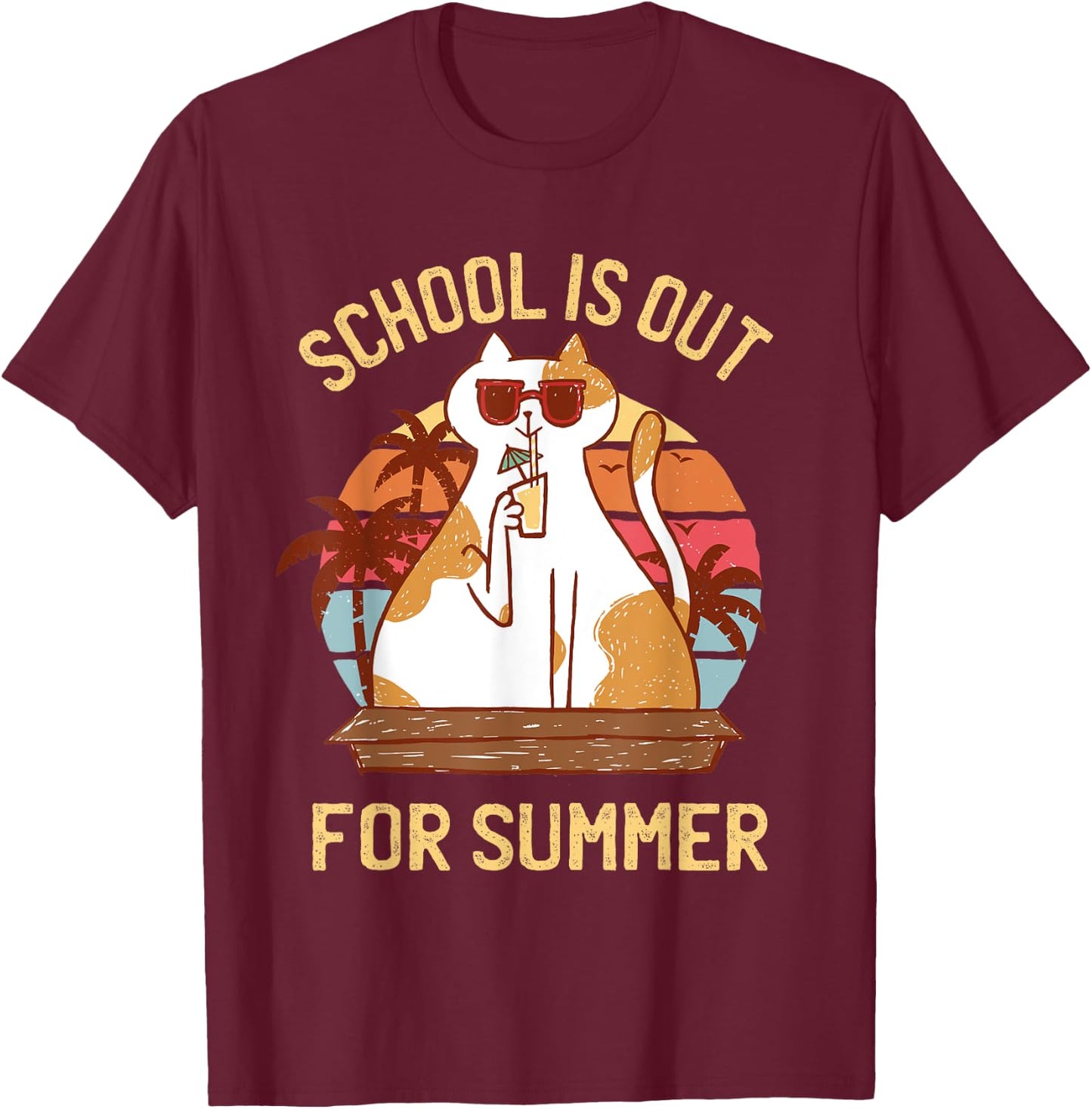 Last Day of School Shirt for Teachers - Retro Summer Cat T-Shirt - T-Shirt | Maroon