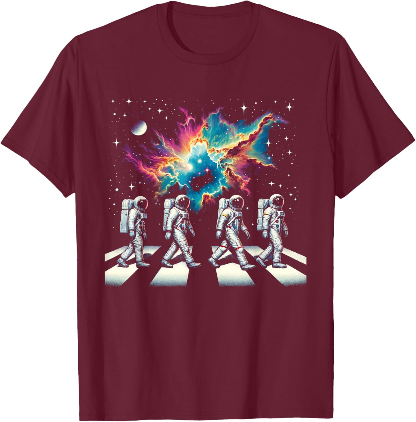 Walking Astronauts In Space Funny Galaxy Crosswalk Colorful T-Shirt - T-Shirt | Maroon