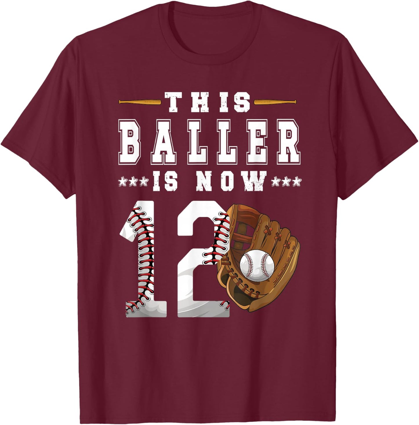 12th Birthday Baseball Boy Twelve Year Old Baseball Player T-Shirt - T-Shirt | Maroon