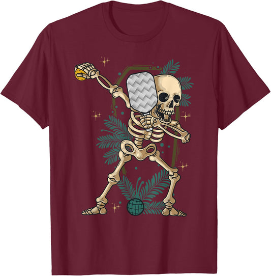 Halloween Pickleball Costume Dabbing Skeleton Pickleballer T-Shirt - T-Shirt | Maroon