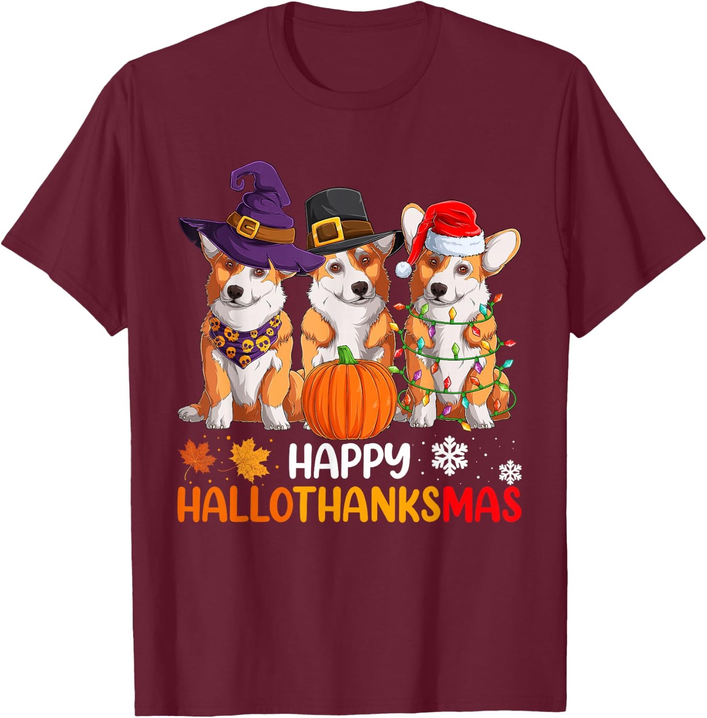 Happy Halloween Shirts, Welsh Corgi Dog Happy Hallothanksmas T-Shirt - T-Shirt | Maroon