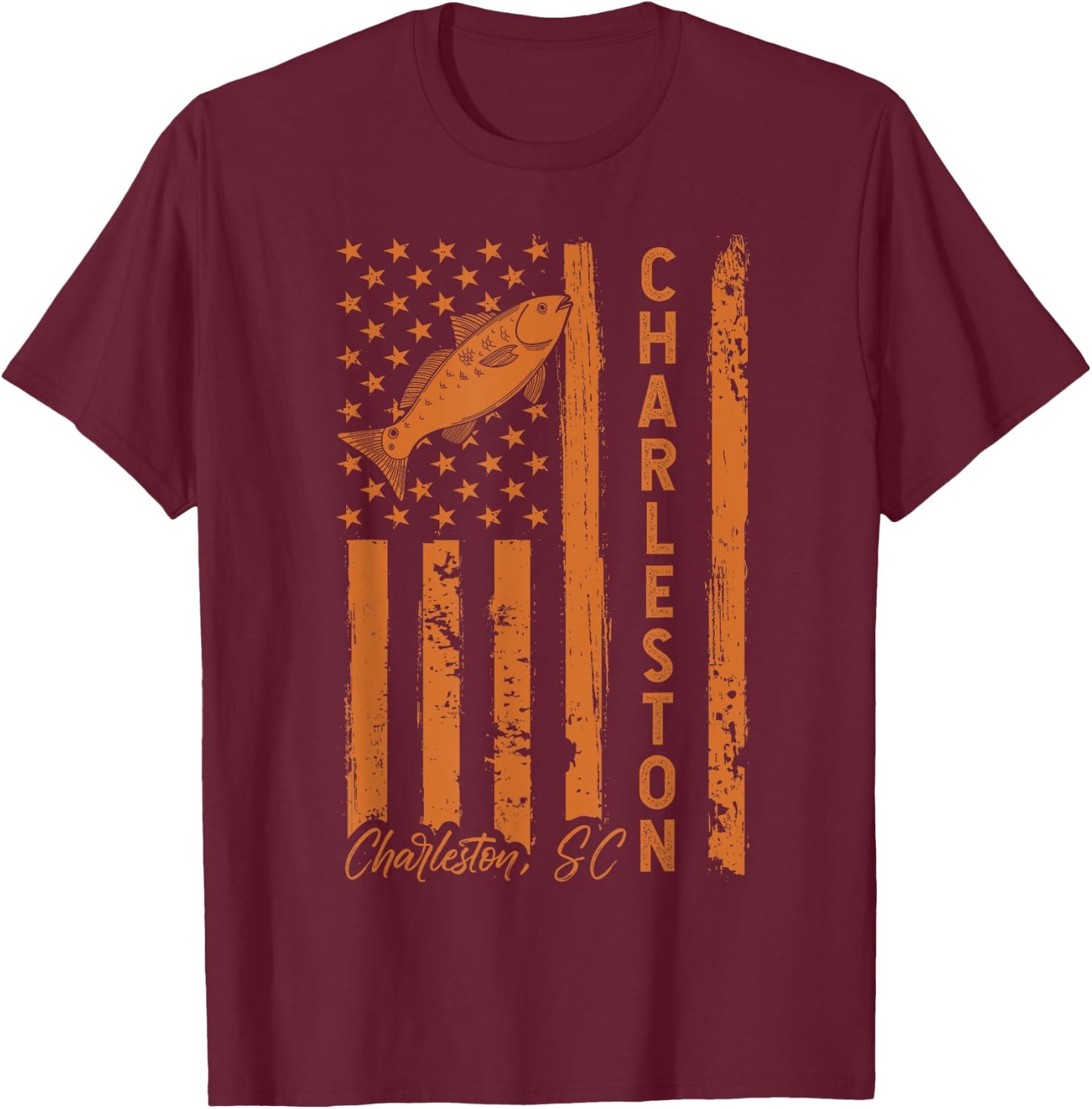 Charleston SC for Redfish Fishing Fishermen USA Flag T-Shirt - T-Shirt | Maroon