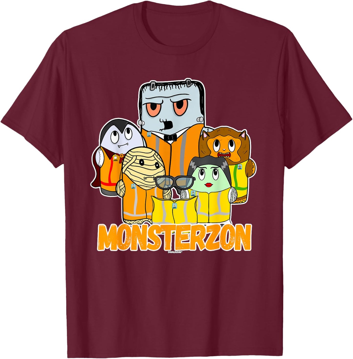 Swagazon Monsters Mummy Frankenstein Dracula Monsterzon T-Shirt - T-Shirt | Maroon