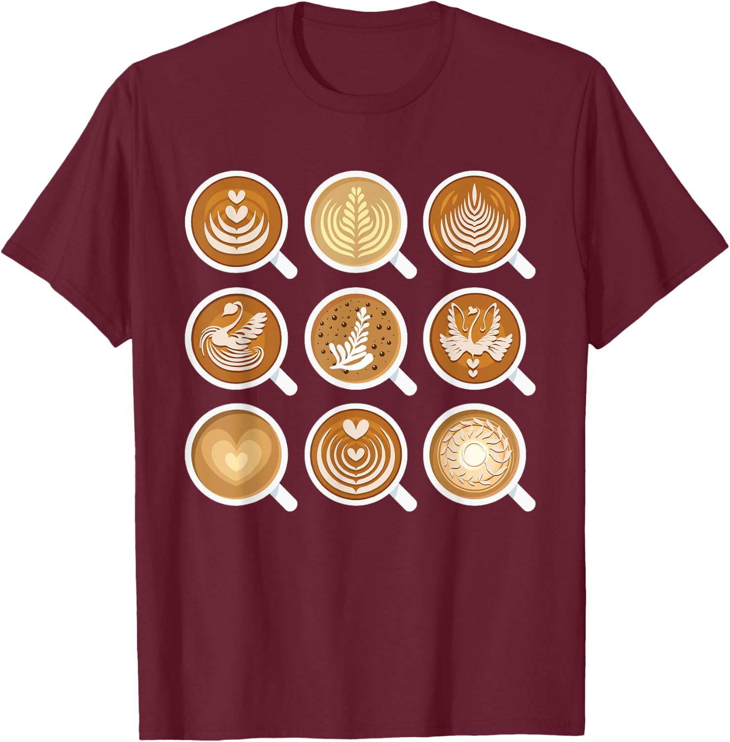 Barista Art - Lattes in 9 Coffee Mugs Cool T Shirt T-Shirt - T-Shirt | Maroon