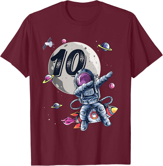 10 Years Old Birthday Boy Astronaut Gifts Space 10th B-Day T-Shirt - T-Shirt | Maroon