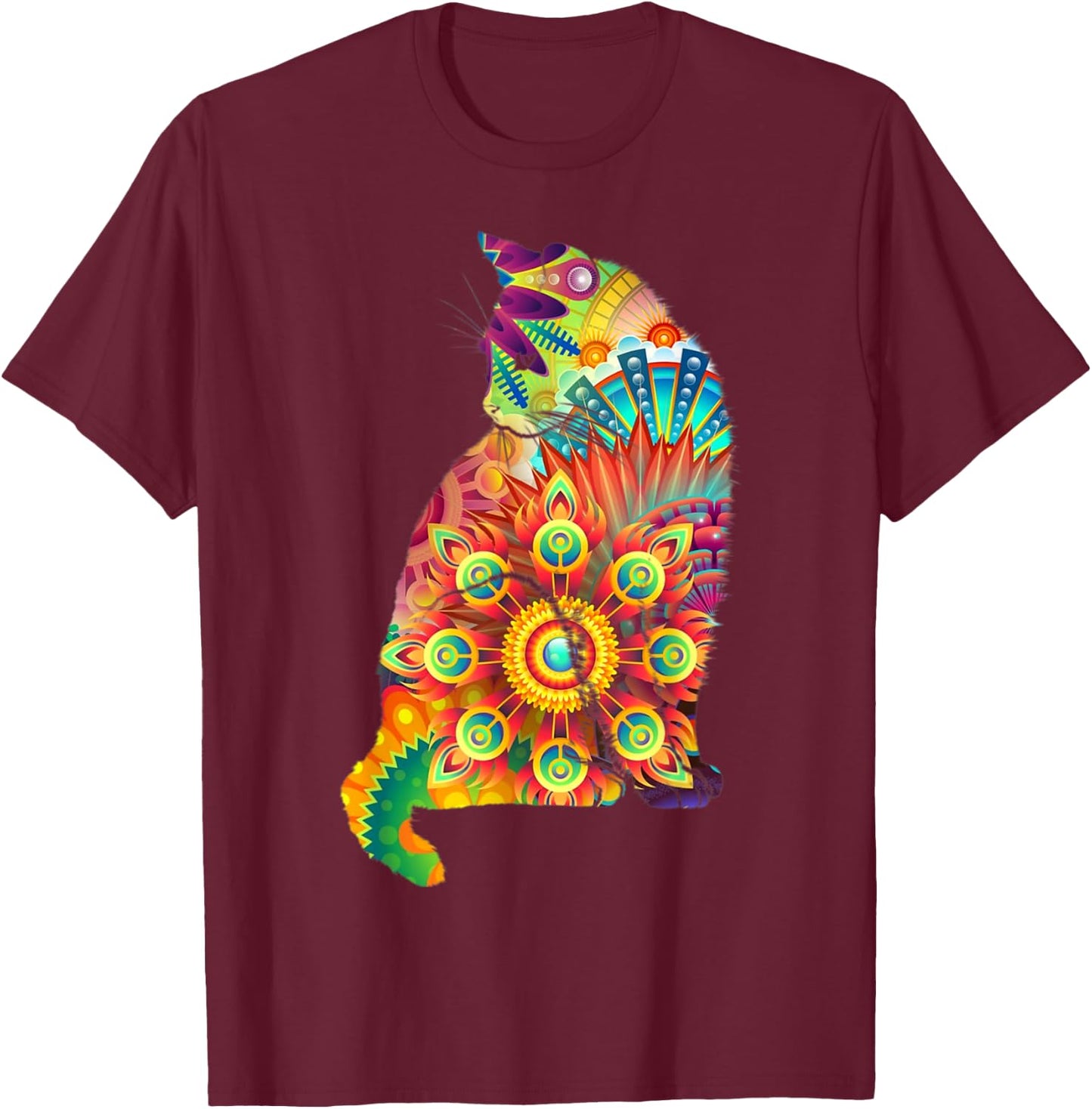 Cat Silhouette 60's 70's Colorful Patterns T-Shirt - T-Shirt | Maroon