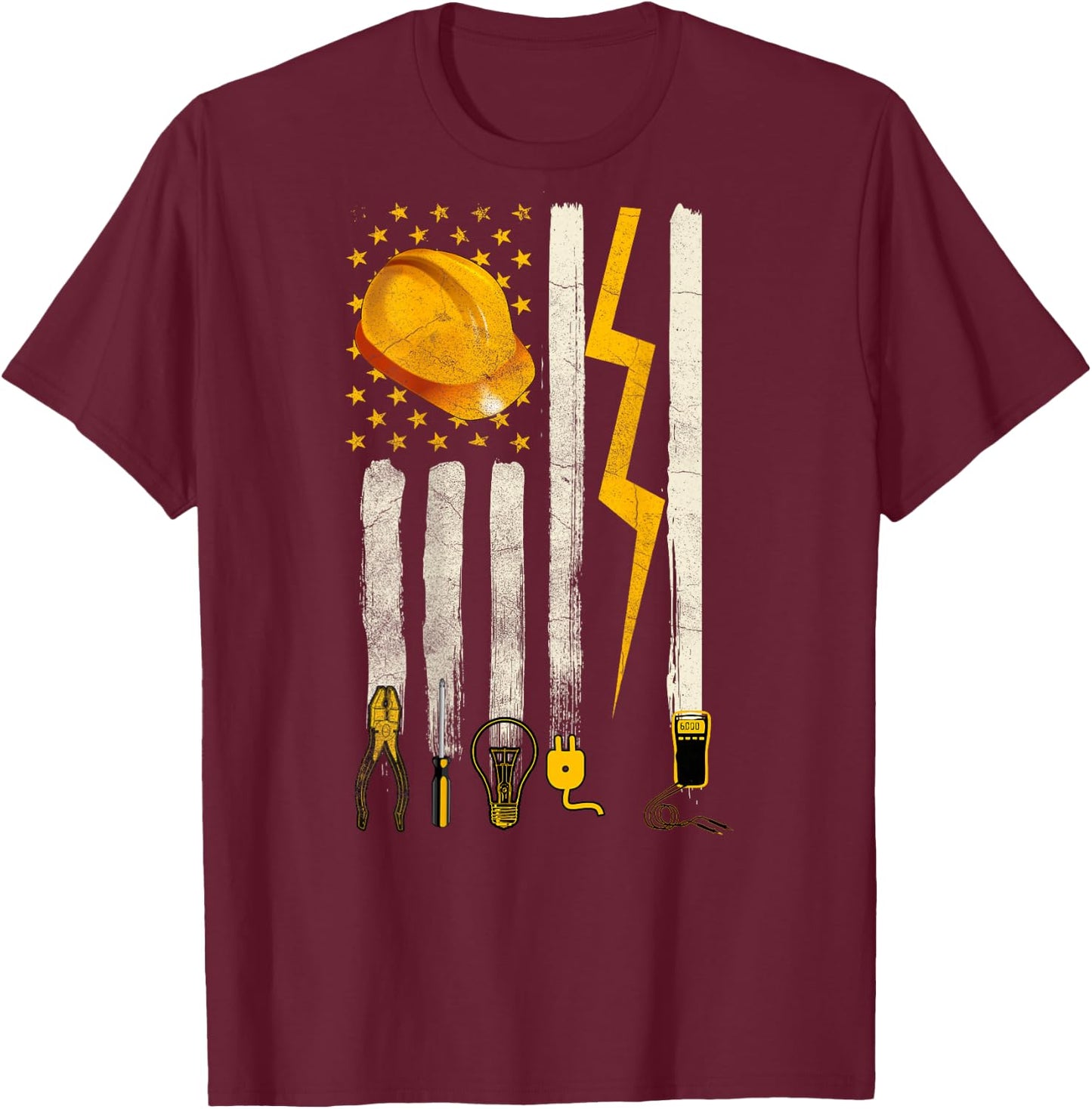 Electrician Tools Patriotic American Flag Design On Back T-Shirt - T-Shirt | Maroon