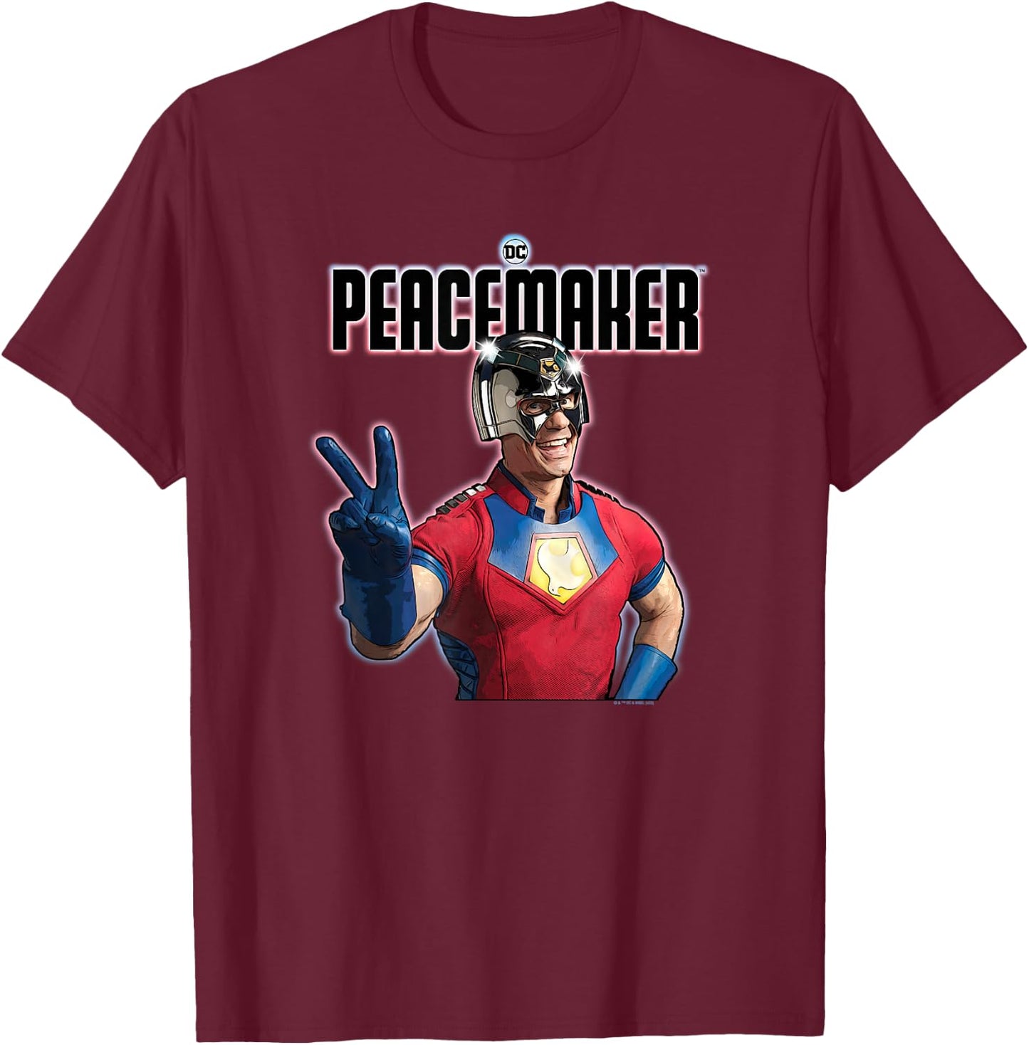 DC Comics Peacemaker Shinny Peace Sign Photo T-Shirt - T-Shirt | Maroon