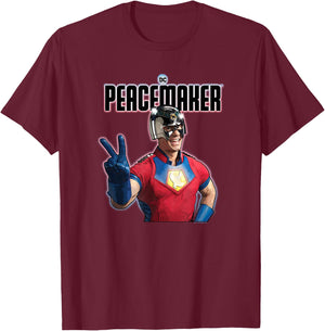 DC Comics Peacemaker Shinny Peace Sign Photo T-Shirt - T-Shirt | Maroon