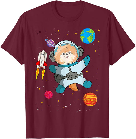 Pomeranian Astronaut Dwarf Spitz Pom Dog Owner Fur Parent T-Shirt - T-Shirt | Maroon