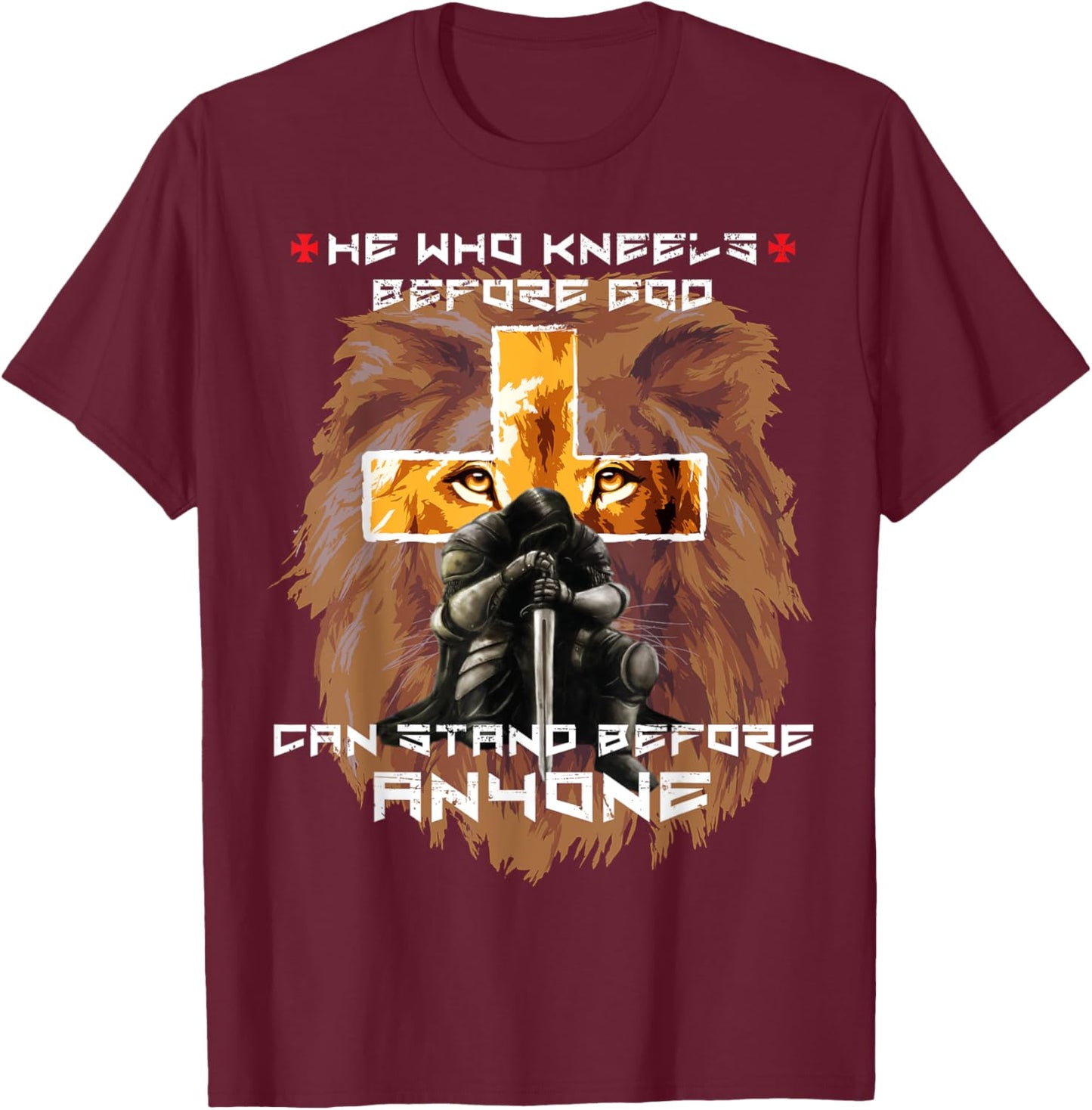 Christian Sayings Verses Lion Cross Graphic Prayer Warrior T-Shirt - T-Shirt | Maroon