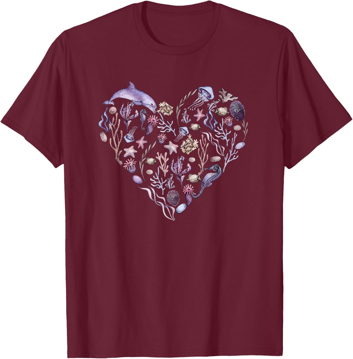 Under The Sea Life, Heart Design Ocean Animals, Plants Art T-Shirt - T-Shirt | Maroon