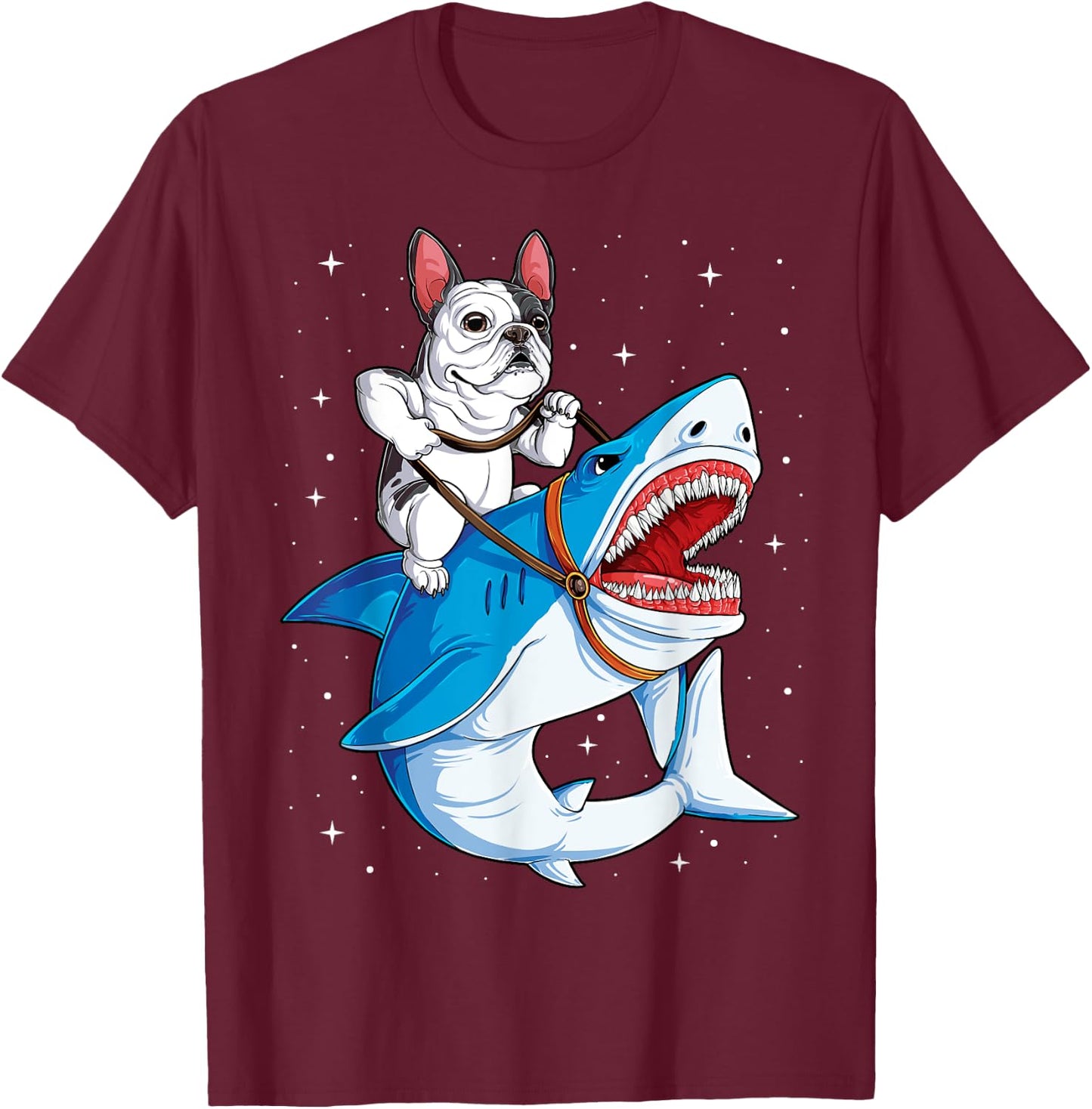 French Bulldog Riding Shark Jawsome Dog Lover Gifts Galaxy Men Women T-Shirt - T-Shirt | Maroon