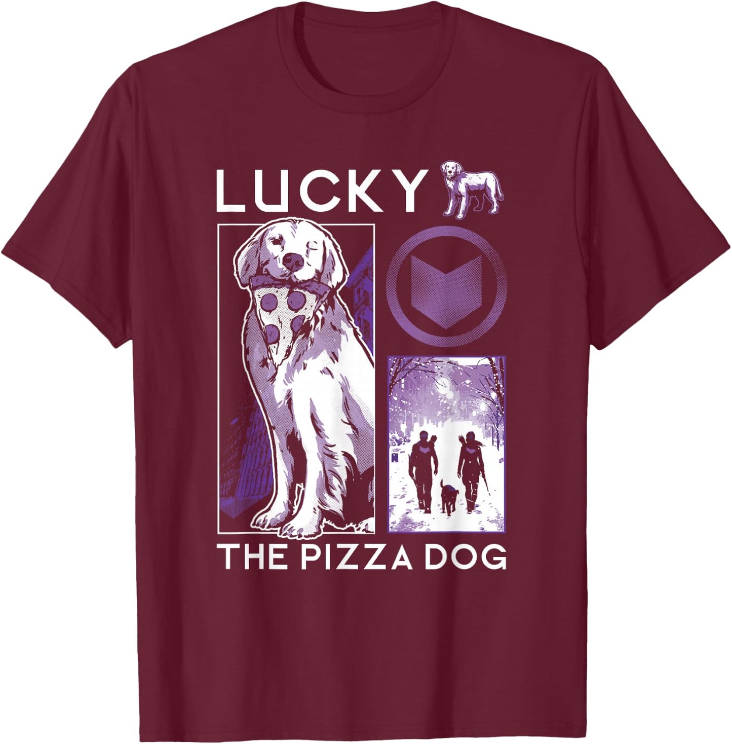Marvel Hawkeye Lucky The Pizza Dog Purple Collage T-Shirt - T-Shirt | Maroon