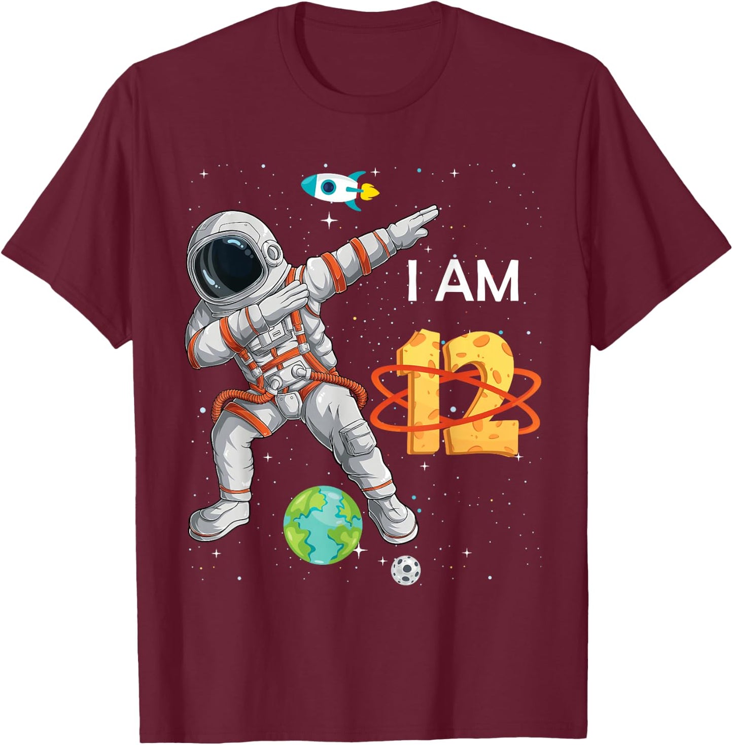 12 Years Old Birthday Boy Astronaut Space 12th B-Day T-Shirt - T-Shirt | Maroon
