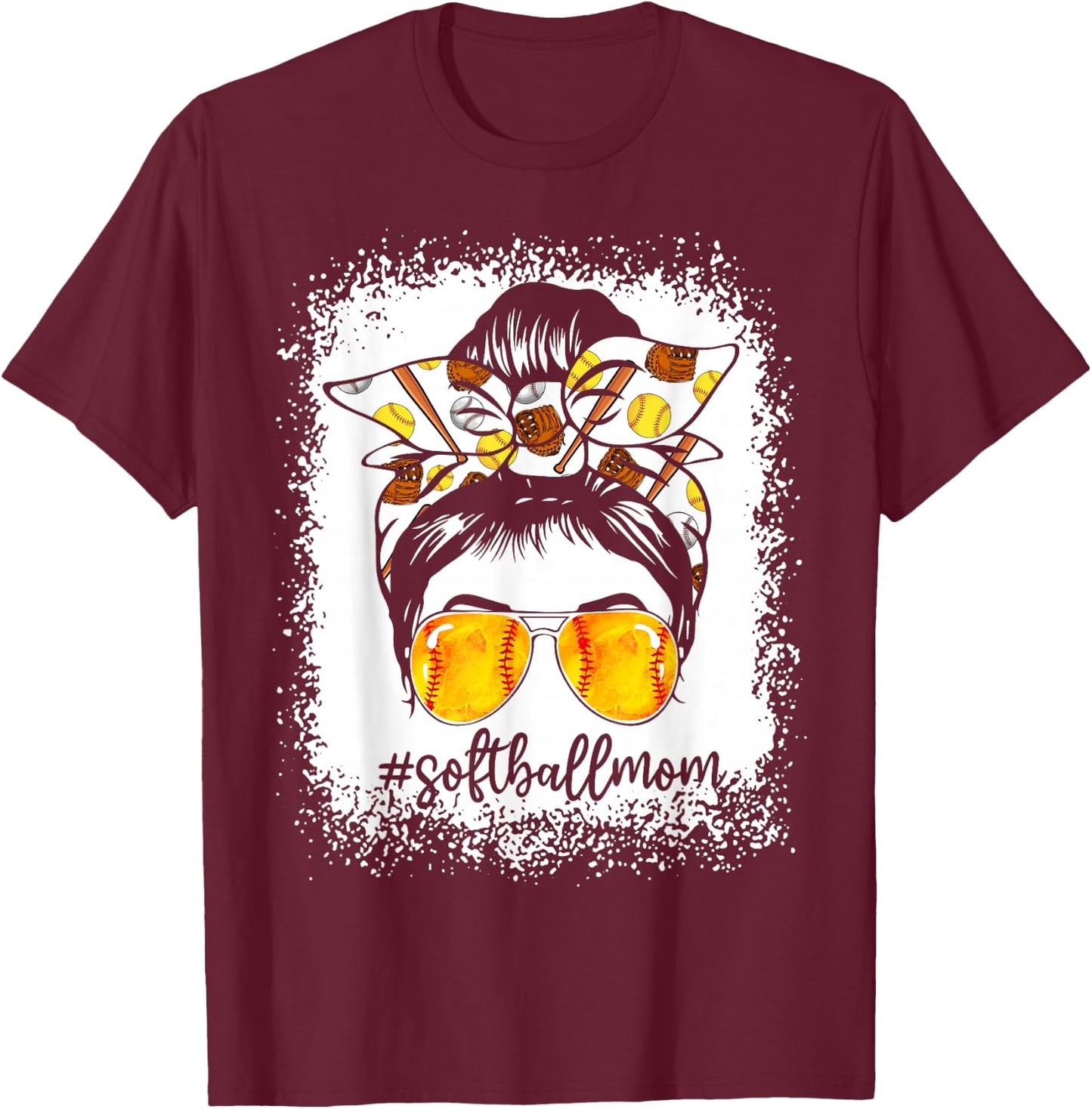 Women Bleached Softball Mom Messy Bun Softball Lover T-Shirt - T-Shirt | Maroon