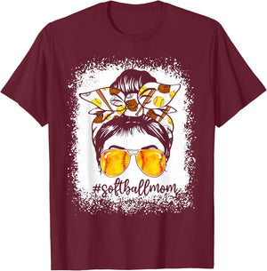 Women Bleached Softball Mom Messy Bun Softball Lover T-Shirt - T-Shirt | Maroon