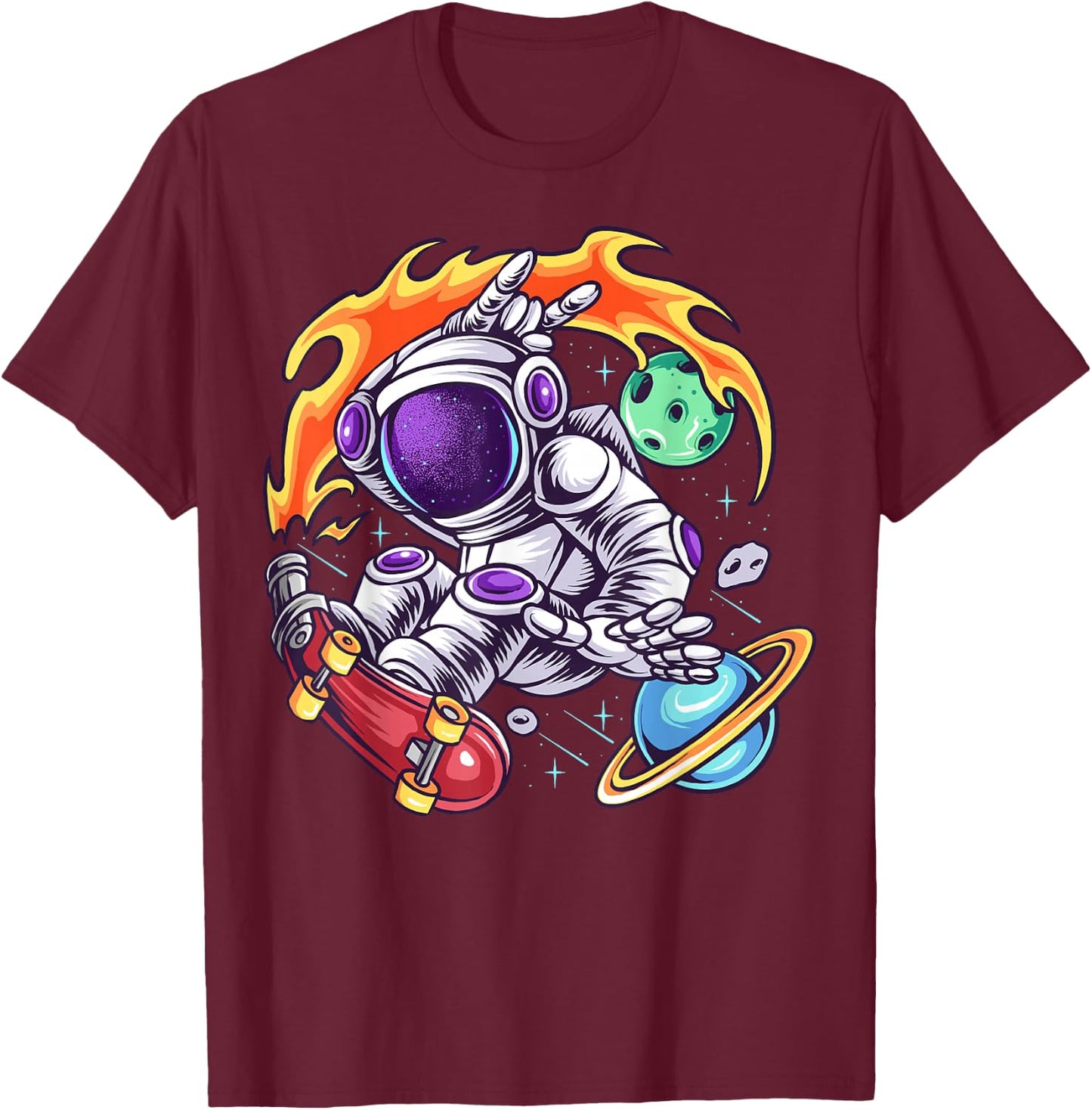 Astronaut Rides Skateboard In Space T-Shirt - T-Shirt | Maroon
