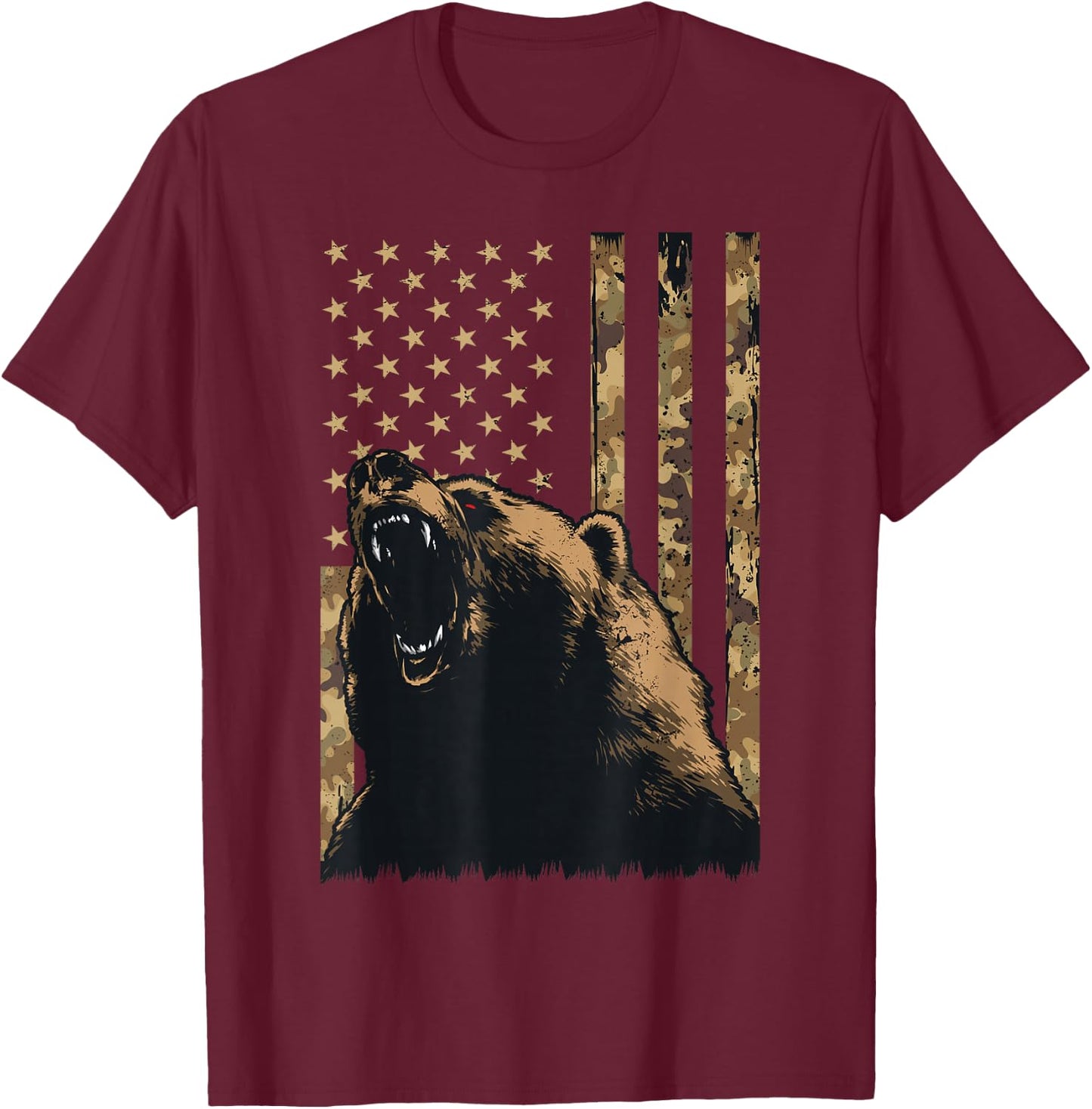 Desert Camo Grizzly Bear Grunge American Flag Tactical USA T-Shirt - T-Shirt | Maroon