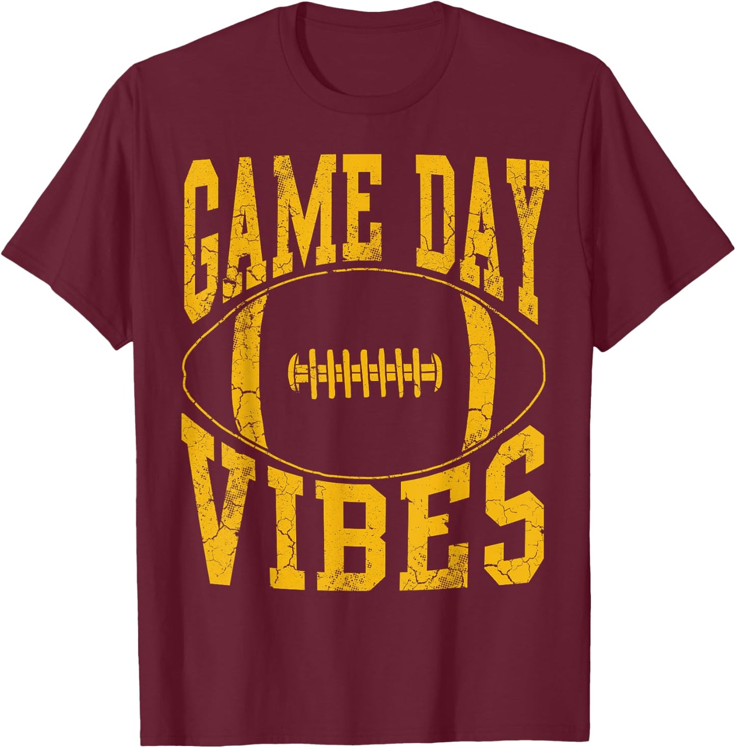 Game Day Vibes Yellow Football Vintage Distressed Graphic T-Shirt - T-Shirt | Maroon