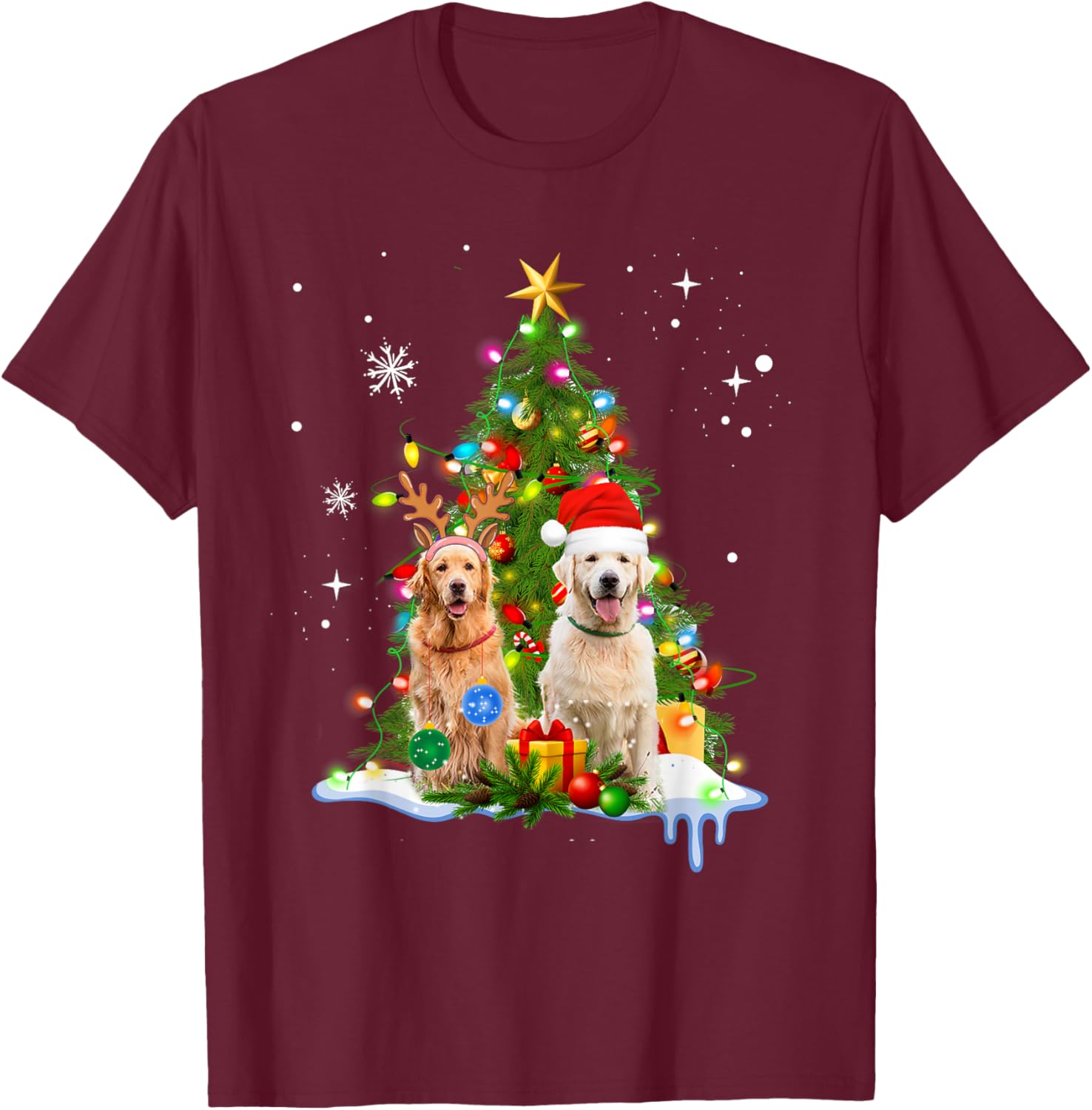 Cute Golden Retriever Christmas Tree T-Shirt - T-Shirt | Maroon