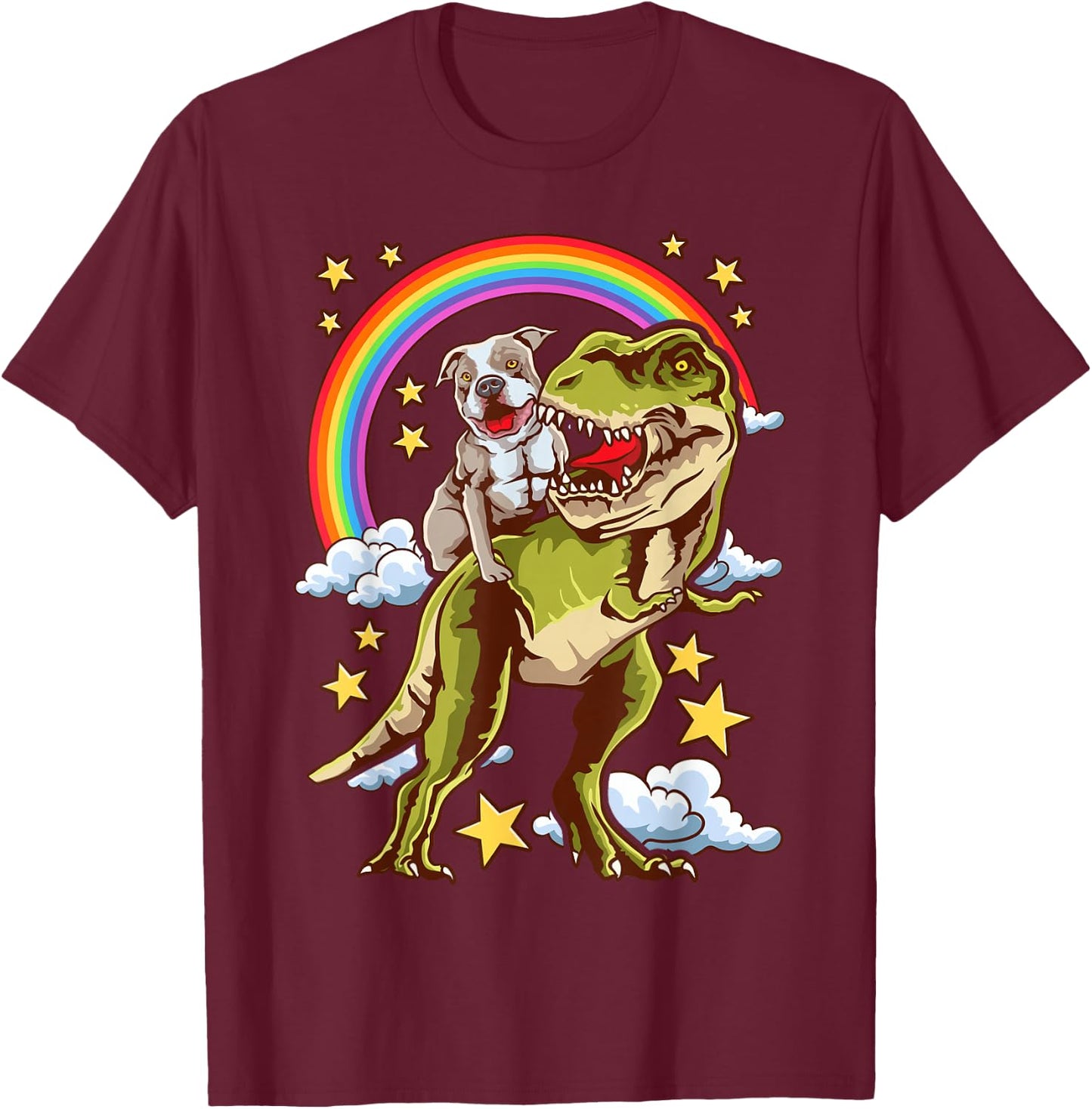 Funny Pitbull Riding A Dinosaur Rainbow Illustration Fun T-Shirt - T-Shirt | Maroon