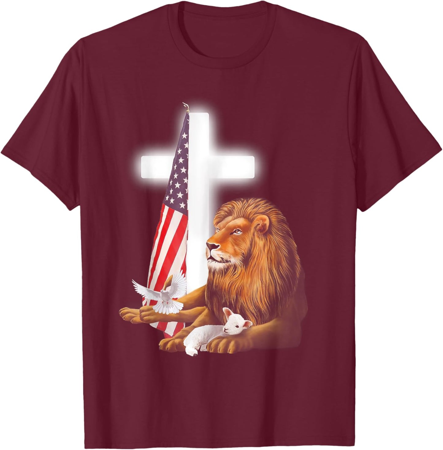 Lion And Lamb Cross Sheep Dove America Flag T-Shirt - T-Shirt | Maroon