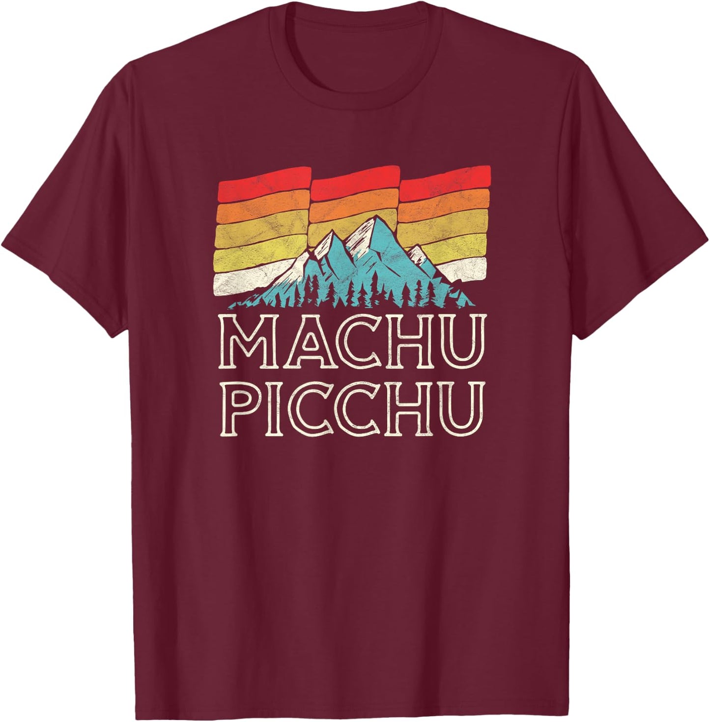 Retro Macchu Picchu Mountain - Vintage 80s Sunset T-Shirt - T-Shirt | Maroon