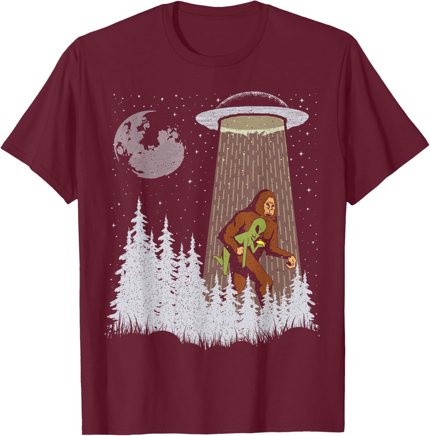Funny Bigfoot Carrying Alien Eating Taco Cool Sasquatch Ufo T-Shirt - T-Shirt | Maroon
