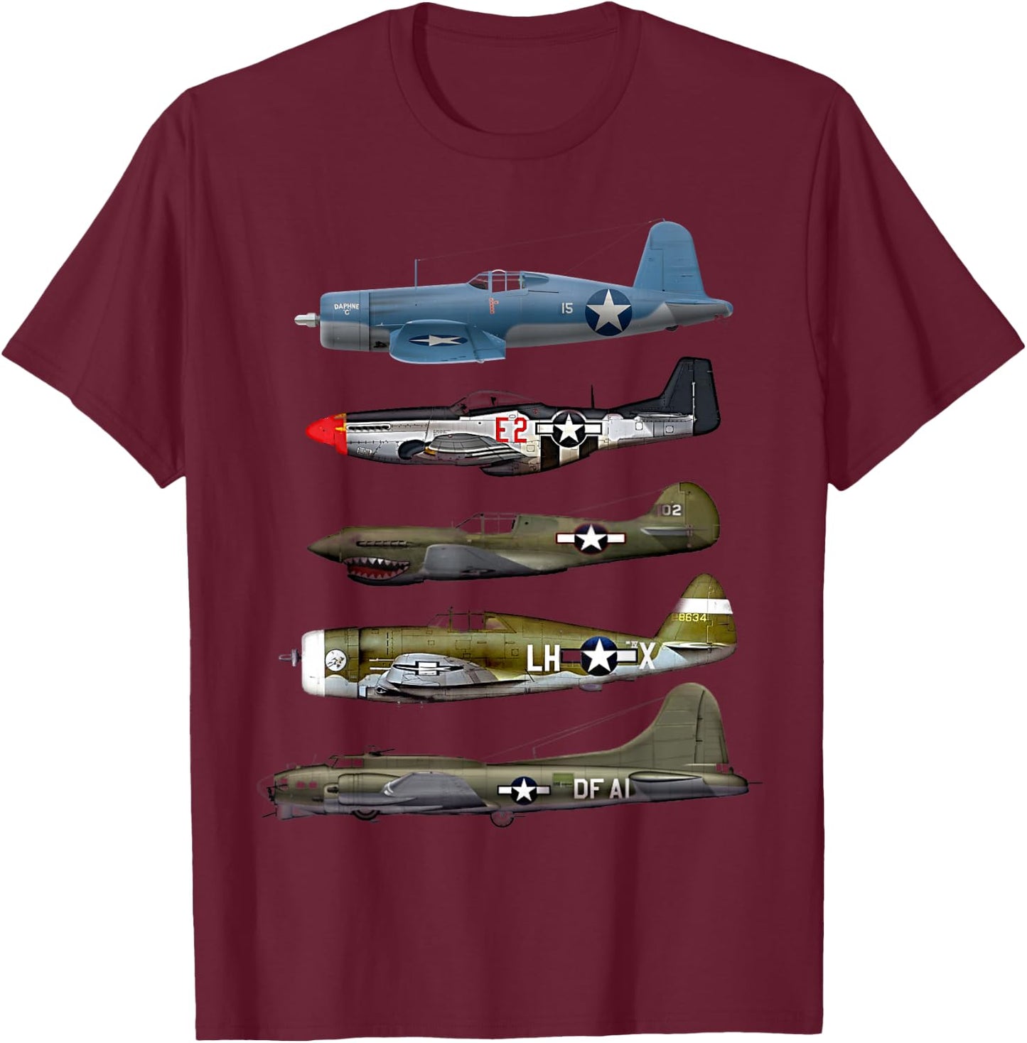 WW2 Warplane B-17 P51 Mustang F4U Corsair P40 Warhawk Gift T-Shirt - T-Shirt | Maroon