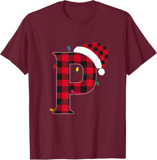 Awesome Letter P Initial Name Buffalo Plaid Christmas T-Shirt - T-Shirt | Maroon