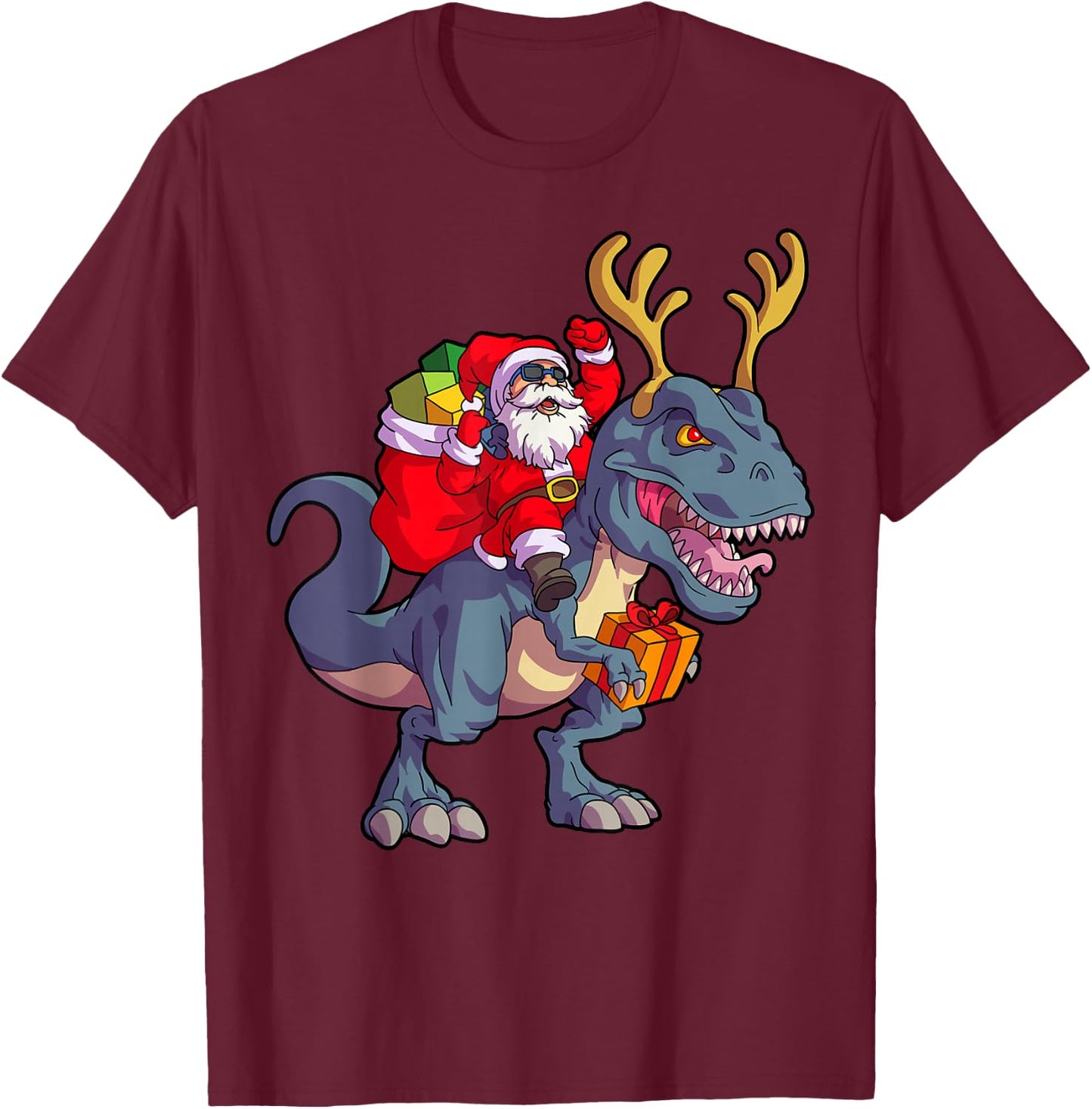 Christmas Santa Riding Dinosaur Deer Xmas Kids Boys Men Short Sleeve T-Shirt - T-Shirt | Maroon