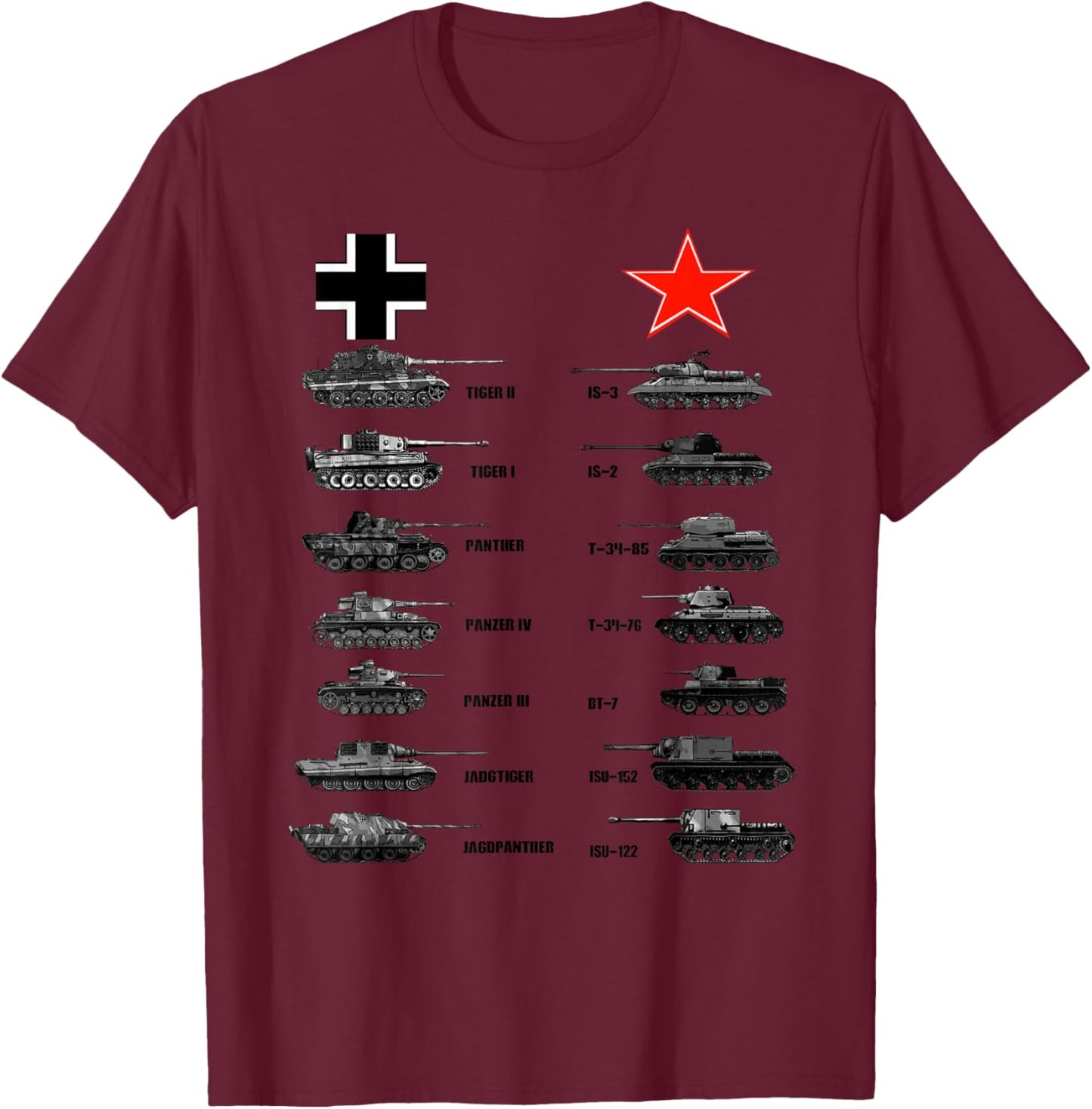 WW2 Tanks German Soviet Tiger I Tiger II IS-3 T-34 T-Shirt - T-Shirt | Maroon