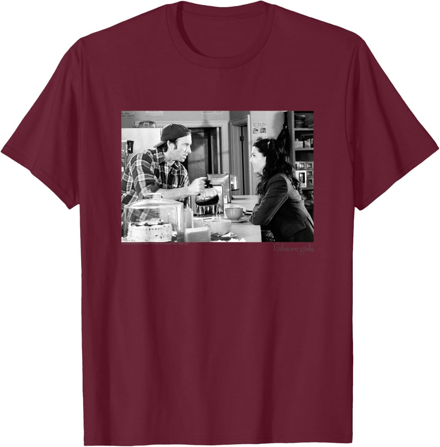 Gilmore Girls Luke Serving Coffee Black & White TV Show T-Shirt - T-Shirt | Maroon