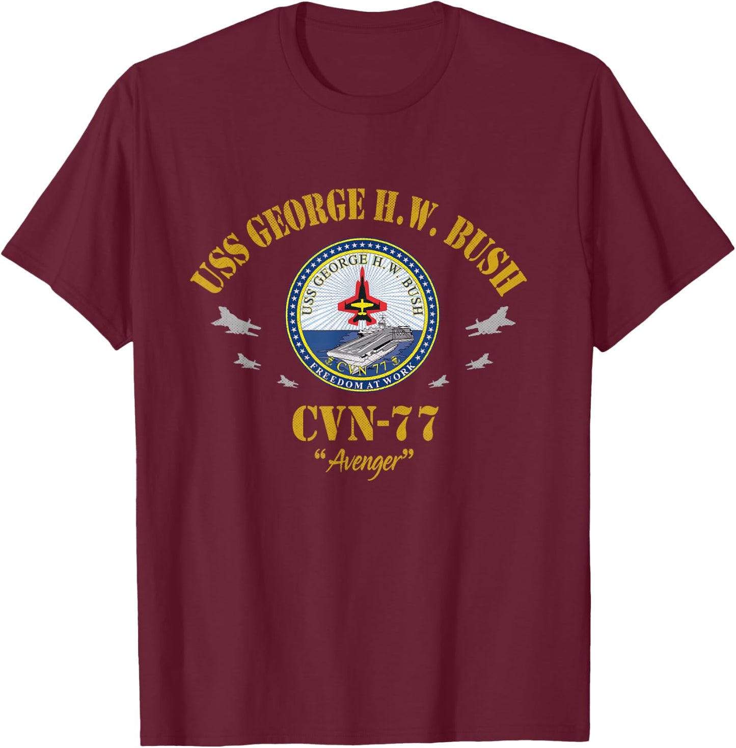 USS George H.W. Bush CVN-77 Aircraft Carrier Veteran Flag T-Shirt - T-Shirt | Maroon