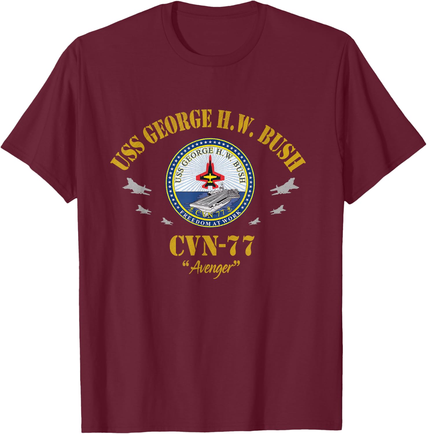 USS George H.W. Bush CVN-77 Aircraft Carrier Veteran Flag T-Shirt - T-Shirt | Maroon