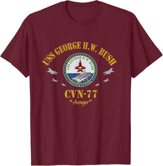 USS George H.W. Bush CVN-77 Aircraft Carrier Veteran Flag T-Shirt - T-Shirt | Maroon