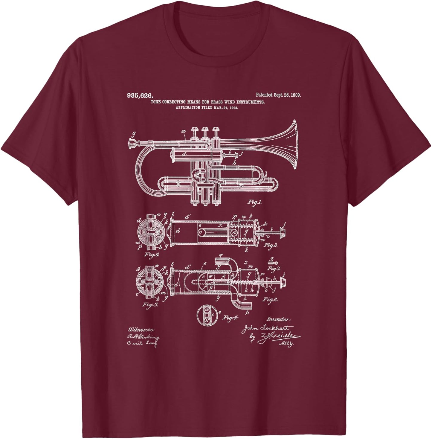 Trumpet Blueprint Vintage Patent Instrument Trumpet Player T-Shirt - T-Shirt | Maroon