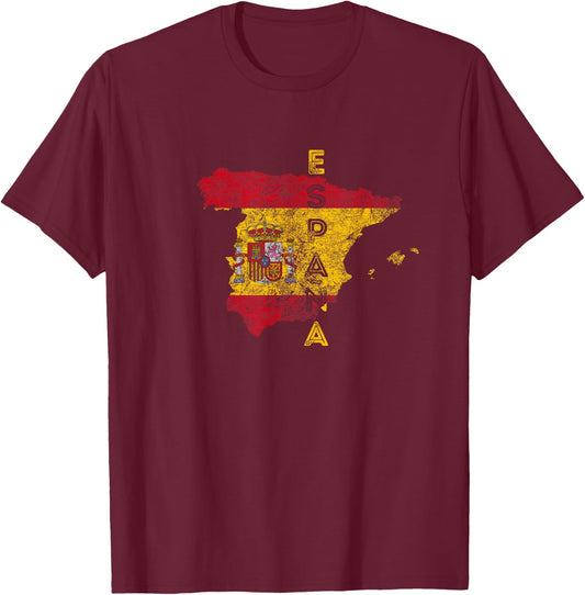 Spanish Map and Flag Souvenir - Distressed Espana T-Shirt - T-Shirt | Maroon
