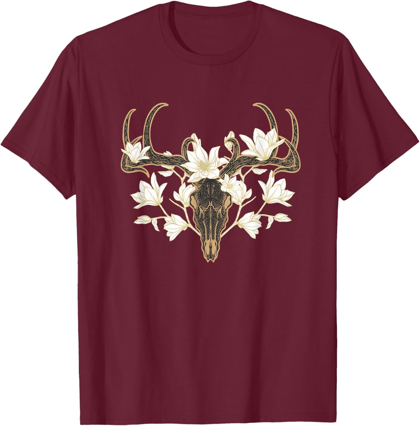 Flowered Deer Skull Howard Marsh T-Shirt - T-Shirt | Maroon