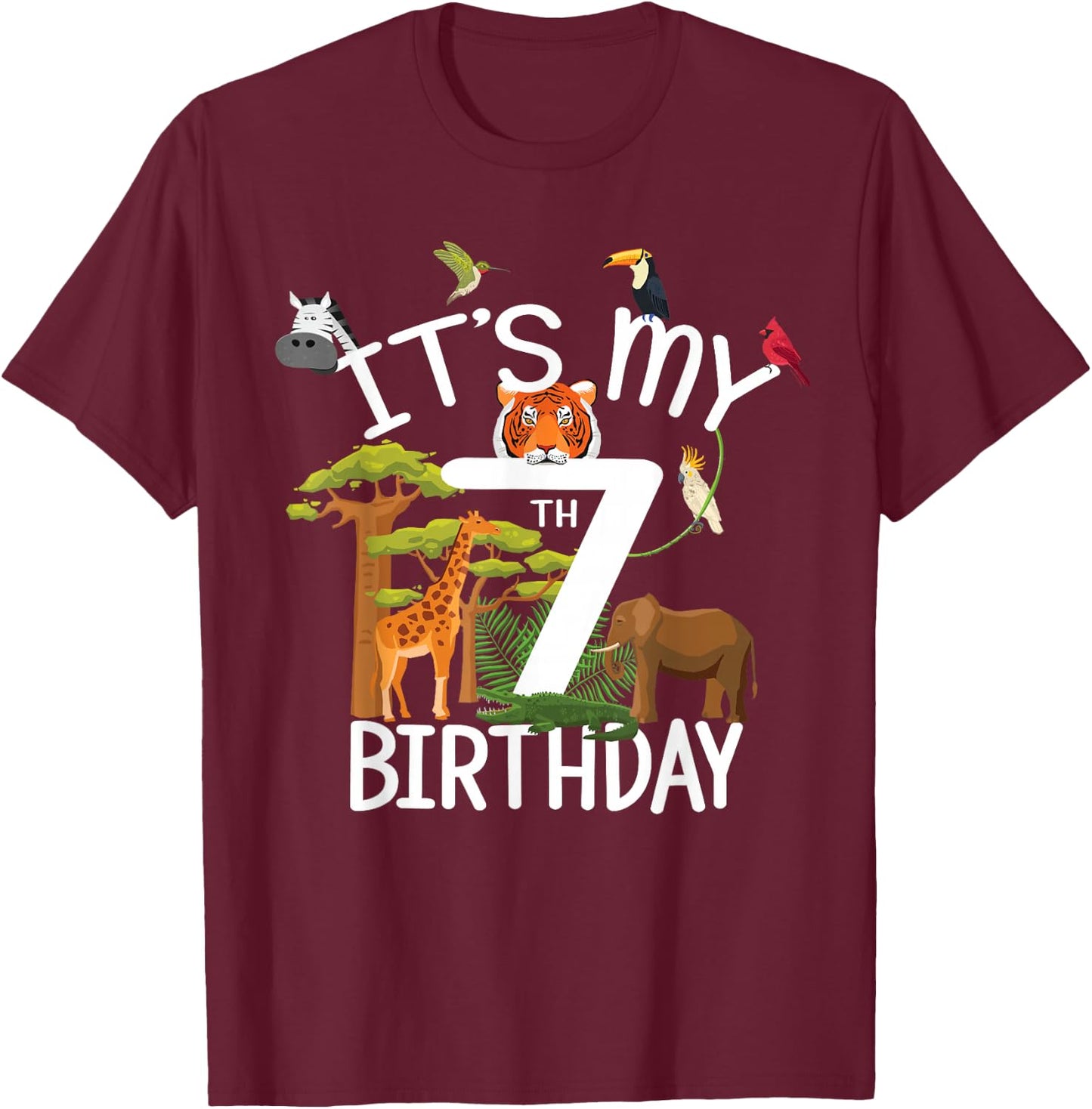 It's My 7th Birthday Boy Zoo Theme 7 Years Old Animal Party T-Shirt - T-Shirt | Maroon