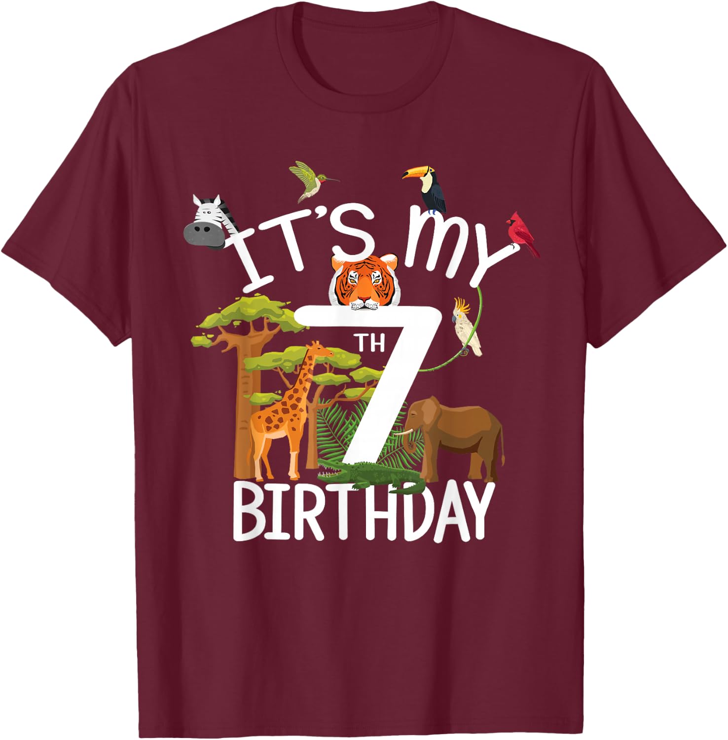 It's My 7th Birthday Boy Zoo Theme 7 Years Old Animal Party T-Shirt - T-Shirt | Maroon